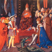 Henry VIII (left) with Charles V (right) and Pope Leo X (center), circa 1520